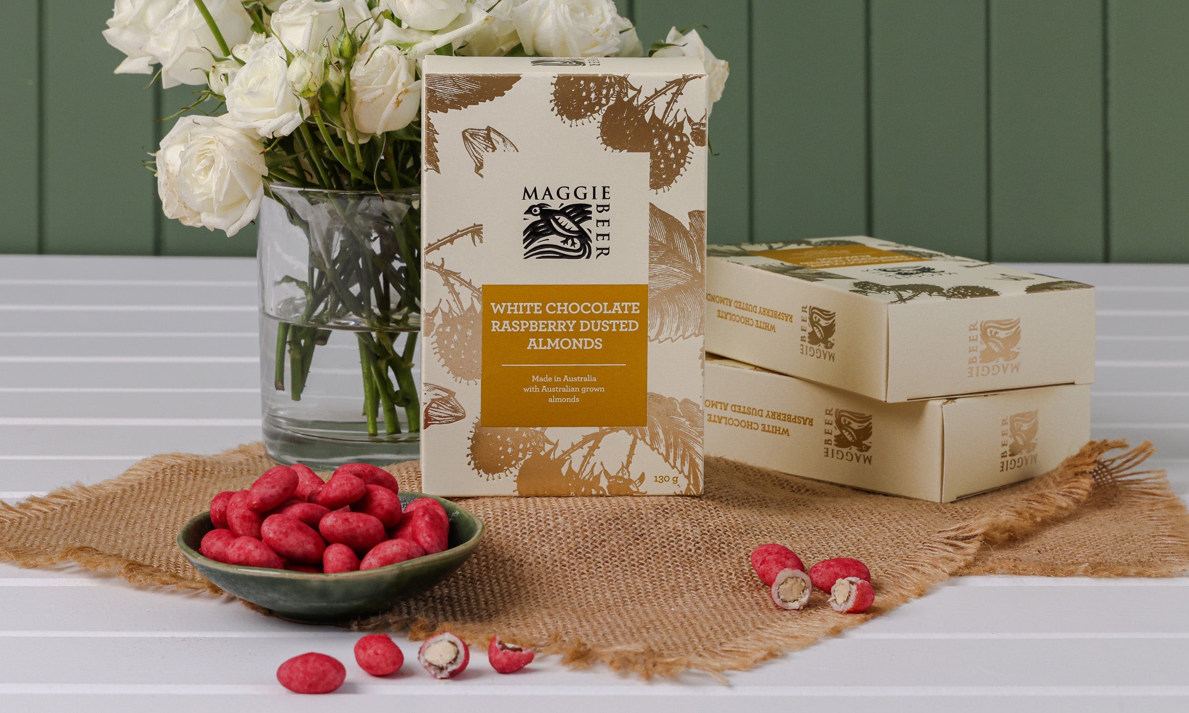 White Chocolate Raspberry Dusted Almonds 130g