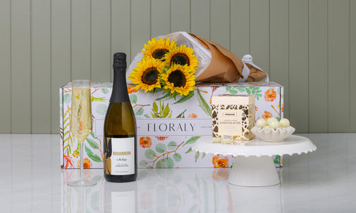 Sunflower Bouquet with Sparkling Wine Gift Box & Chocolates